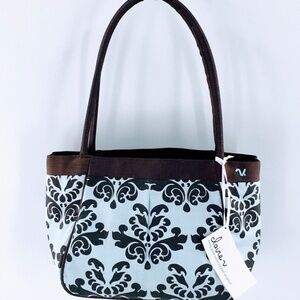 Clare V Purse Blue Brown Silk Petit Tote Damask French Provincial Small Shoulder